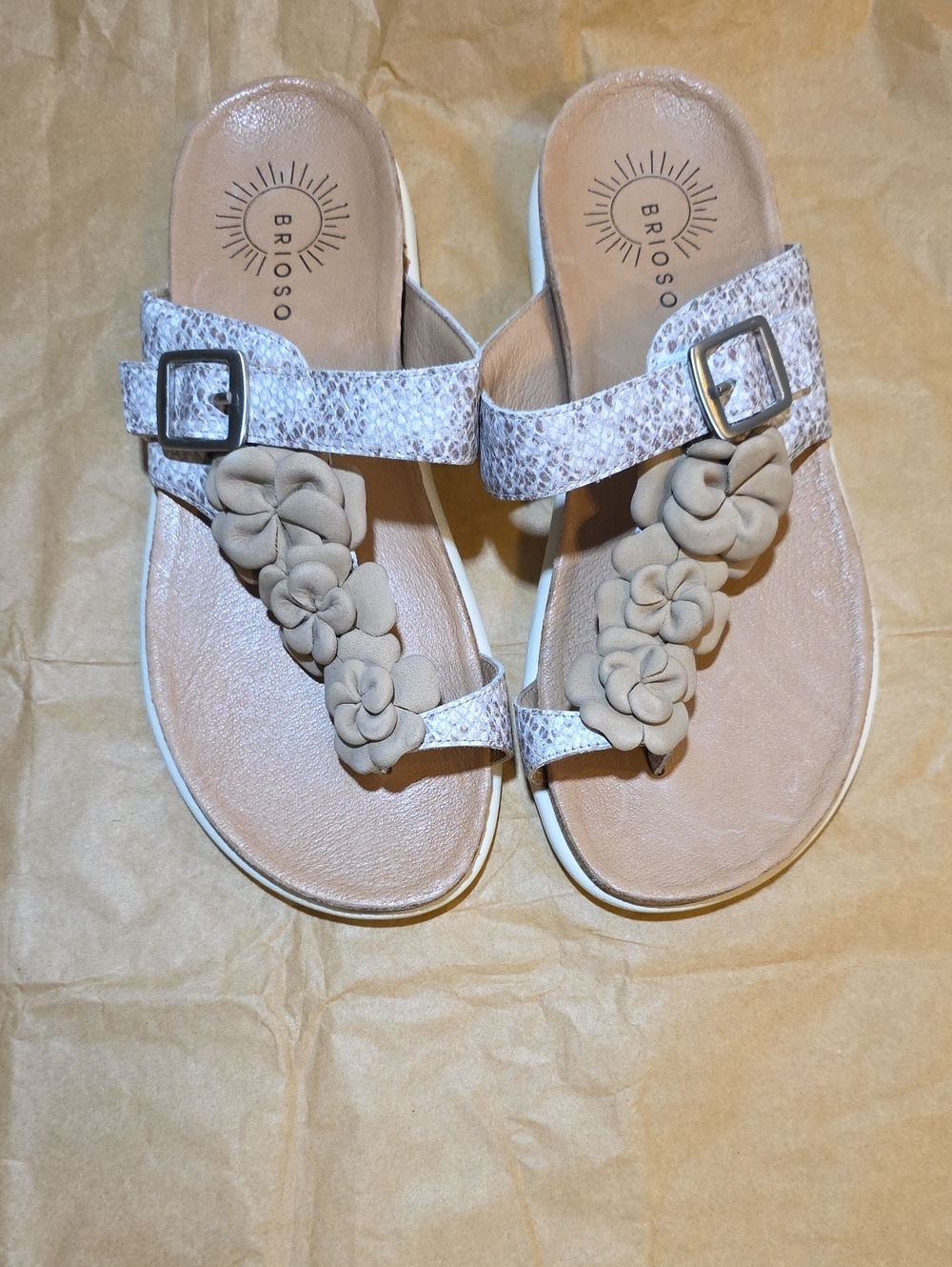 Brioso Taupe Floral Toe-Loop Buckle Sandals